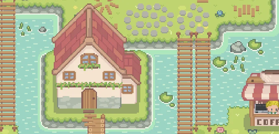 Casetta sull'acqua in Mini Farmstay con pontili di legno in pixel art