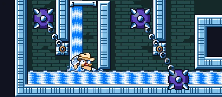 Stanza ghiacciata di Duke Dashington con piattaforme azzurre in pixel art