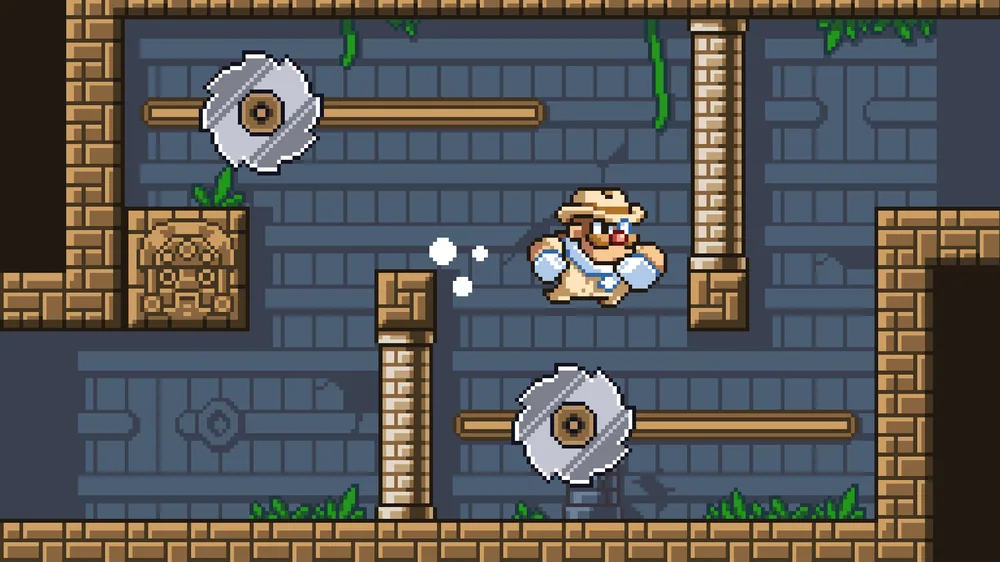 Stanza di pietra in Duke Dashington con colonne, edera e l'esploratore in corsa in pixel art