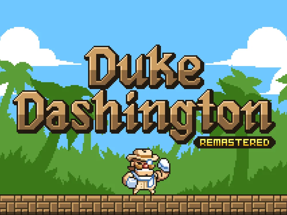 Schermata di apertura di Duke Dashington con la giungla disegnata in pixel art