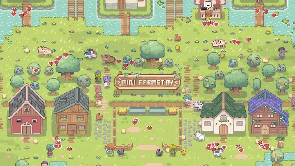 Veduta della fattoria di Mini Farmstay con case, alberi e animali in pixel art