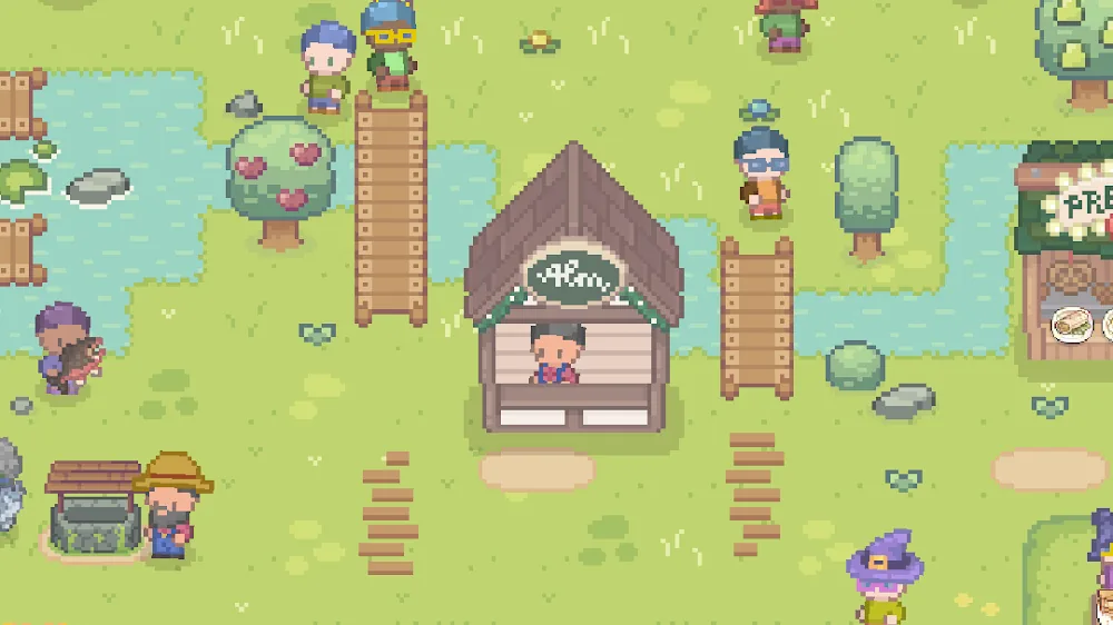 Banchetto del villaggio di Mini Farmstay con orti, stagni e abitanti in pixel art