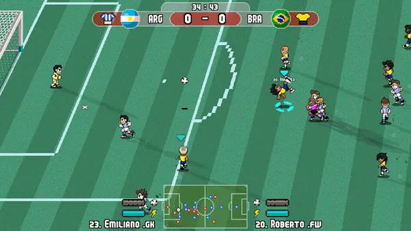 Partita di Pixel Cup Soccer vista dall'alto con calciatori in pixel art sul campo verde