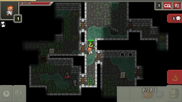 Piano sotterraneo di Shattered Pixel Dungeon con corridoi a caselle e inventario